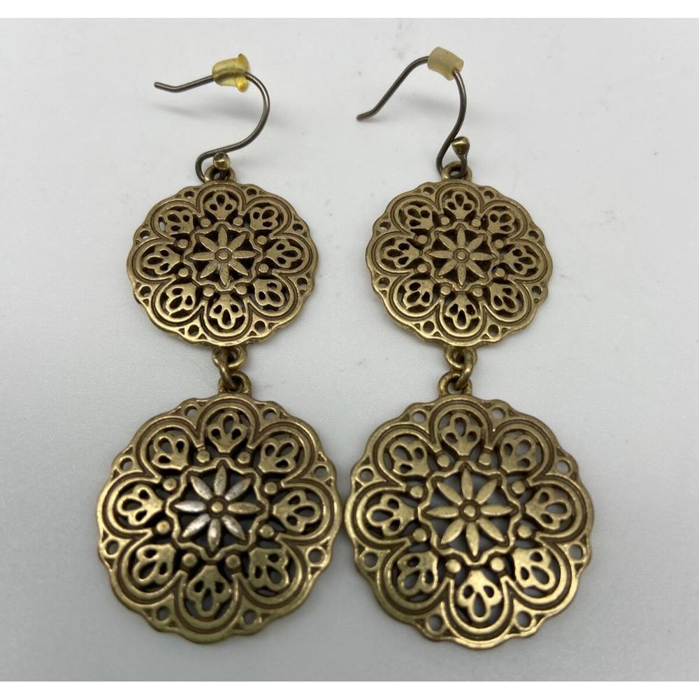 Gold Earrings Double Disc Medallion Wheel Circle Round Hook‎ Dangle Costume